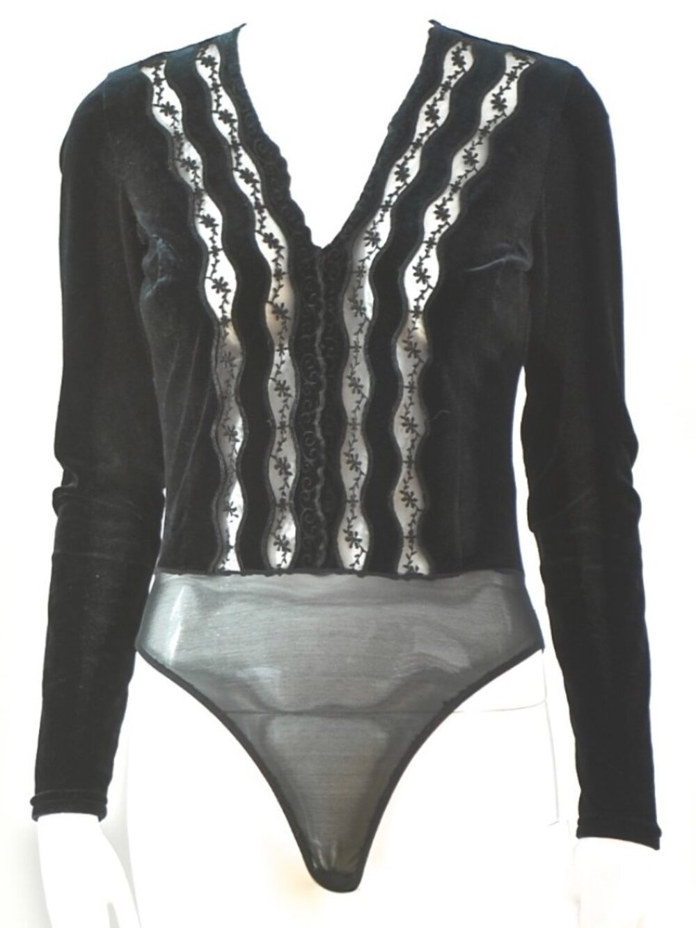 Sagaie Paris Black Velvet Body Suit With Rows Of Embroidered Net - France